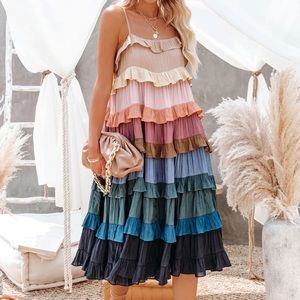 vici automn tone ruffle tiered midi dress